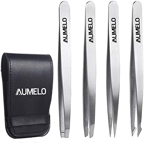 Tweezers Set 4-Piece Professional Stainless Steel Tweezers Gift with Travel Case by Aumelo - Best Precision Eyebrow and Splinter Ingrown Hair Removal Tweezer Tip,No Colored & Chemical Free