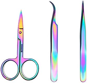 WOKOTO Nail Tweezers And Scissors Kit Straight Curved Rainbow Stainless Steel Precision Tweezers Set For Nail Art Sticker Rhinestone Eyelash Extensions Picker Tools