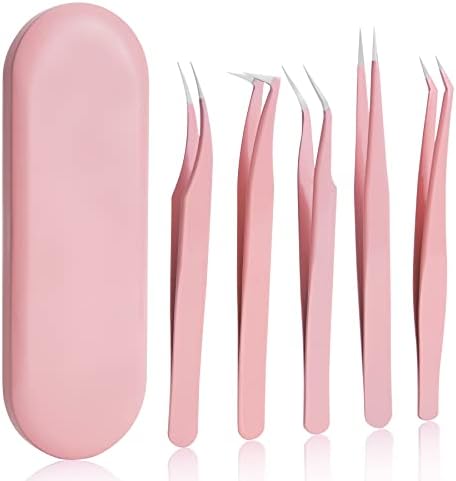 5 Pieces Eyelash Tweezers Sets, High Precision Stainless Steel Eyelash Extension Tweezers with Box, Straight and Curved Tip Tweezers, Eyelash Extension Volume Tweezers for Lash Extensions