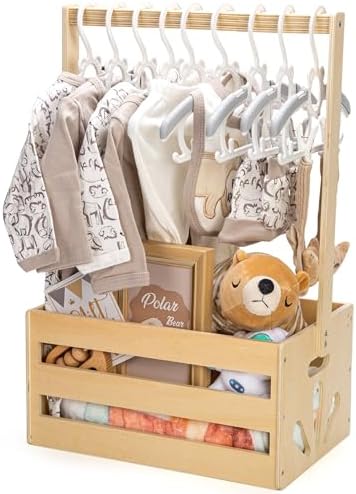 GiftAmaz Wooden Baby Shower Crate Closet, Baby Storage Crate Hamper with Handle, Basket for Baby Shower Gifts, Welcome Gift Basket for Newborn Boys Girls, Pregnancy Gifts for New Parents