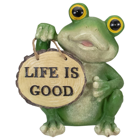 9" Green Frog Garden Statue Durable Resin, "Life is Good"