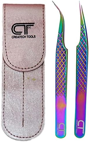Createch Tools CT Eyelash Tweezers – Lash Tweezers for Extensions, Straight, Curved, Individual, Russian Volume, Isolation – Stainless Steel Rainbow Set (2-PCs Rainbow Set) (ELT)