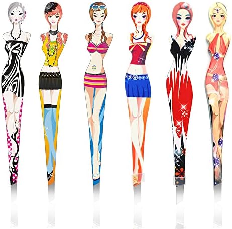 Eyebrow Tweezers Pinkiou Professional Slant tip Brow Clip Hair Removal Makeup Tool with Printed Beauty Cover Cosmetic 6 style pack of 6 pcs (Bikini)