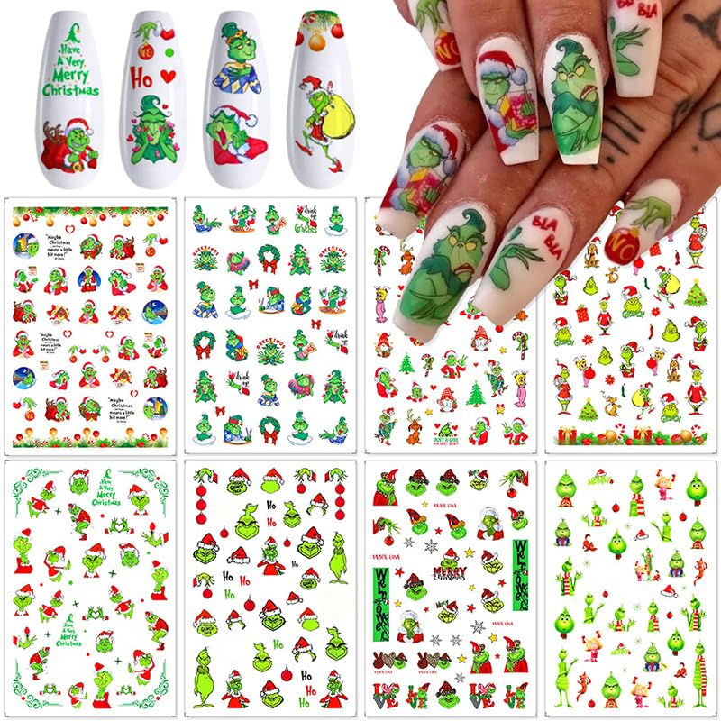 8 Sheets Christmas Nail Stickers Xmas Nail Decals Winter Xmas Green Monster Self Adhesive Design Decals for Women Girls Christmas Party Nail Decoration DIY Manicure Funny Christmas Nail Stickers