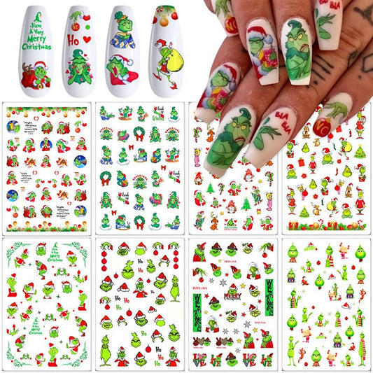 8 Sheets Christmas Nail Stickers Xmas Nail Decals Winter Xmas Green Monster Self Adhesive Design Decals for Women Girls Christmas Party Nail Decoration DIY Manicure Funny Christmas Nail Stickers