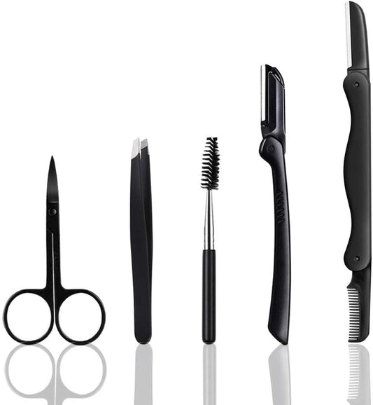 Eyebrow Razor and Grooming Kit - 5 in 1 Set With Razors, Trimmer, Brush, Scissors, and Tweezer for Women and Men
