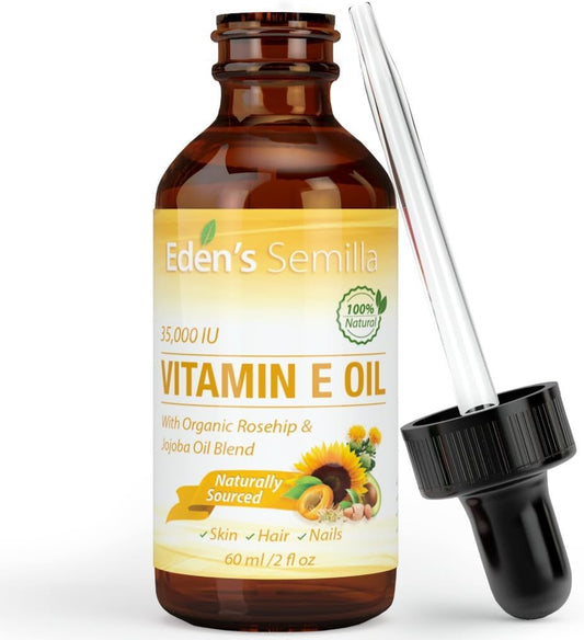 Eden's Semilla 100% Plant Extract Vitamin E Oil 35,000 IU + Organic Rosehip & Jojoba Blend - Fast Absorbing Skin Protection for Face & Body. Pure Ingredients - Ideal for Sensitive Skin - Use Daily