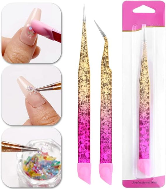 2pcs Double Ended Nail Art Tweezers for Women,Stainless Steel Tweezer Set Straight Tip Curved Tweezers Precision Lash Tweezers for Eyelash Extensions Pointed Tweezers for Crafts Rhinestone Picker Tool