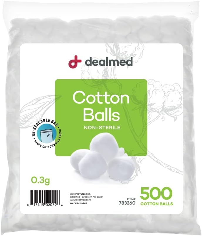 Dealmed Cotton Balls Ð 500 Count Medium Cotton Balls, Non-Sterile Bag of Cotton Balls in Easy to Access Zip-Locked Bag, Great for Skin Prep, Wound Cleansing, and DIY Needs