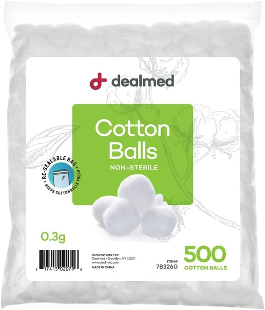 Dealmed Cotton Balls Ð 500 Count Medium Cotton Balls, Non-Sterile Bag of Cotton Balls in Easy to Access Zip-Locked Bag, Great for Skin Prep, Wound Cleansing, and DIY Needs