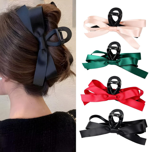MHDGG Big Bow Hair Claw Clips for Women,4pcs Bow Hair Barrette Nonslip Claw Clip for Thin Thick Curly Hair,Bow Hair Dress Up Accessories for Birthday Party Show Christmas Thanksgiving(Black Pink Green Red)