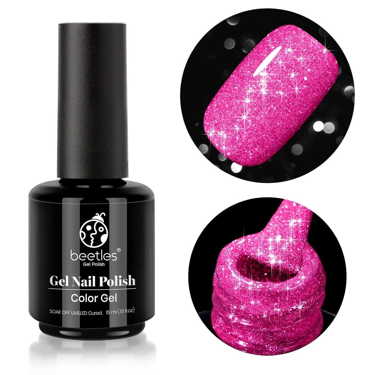 Beetles Reflective Gel Nail Polish Pink Gel Polish, 15ML Hot Pink Glitter Diamond Gel Color Soak Off Sparkle Gel Polish UV Nail Lamp Nail Art Manicure Salon DIY at Home Valentines Gift
