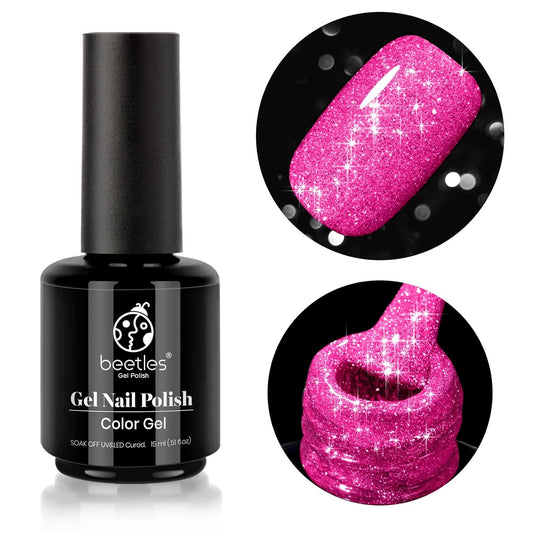 Beetles Reflective Gel Nail Polish Pink Gel Polish, 15ML Hot Pink Glitter Diamond Gel Color Soak Off Sparkle Gel Polish UV Nail Lamp Nail Art Manicure Salon DIY at Home Valentines Gift