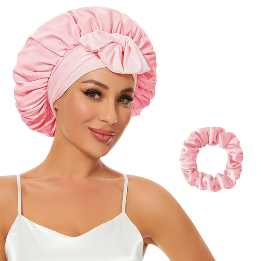 Silk Bonnet for Sleeping, Satin Hair Bonnets Large Sleep Cap for Women, Hair Wrap for Curly Hair Afros with Tie Band (Pink)