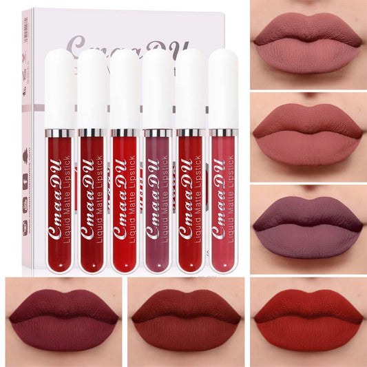 6Pcs Matte liquid lipstick Set,Dark Red Matte Lipstick Lip Stain Long Lasting 24 Waterproof Lip Gloss Gift Set ,Lipstick Sets for Women Lippies Lip Matte Makeup Lipgloss Beauty Cosmetics (Color-04)