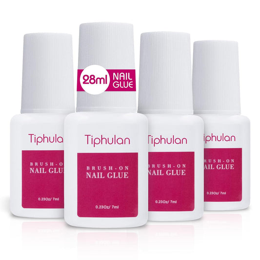 TIPHULAN 28ml Brush On Nail Glue for Press On, Acrylic Nails - Super Strong, Durable & Long-Lasting, Mess Free, Travel Friendly, 0.92 oz(4PCS)