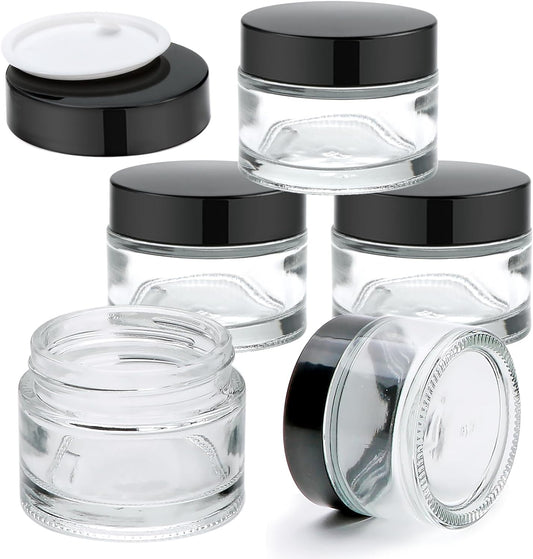 Gakshzbds Glass Jars with Lids 2 oz 5 pack-Clear Small Glass Jar with Black Lids,Small Glass Travel Containers with Lids and Inner Liners Upgraded Mouth Design