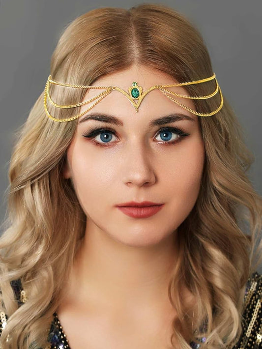 Aukmla Boho Head Chain Jewelry Gold Layered Headpiece Hair Chains Festival Halloween Prom Costume Headband Hair Accessories for Women and Girls