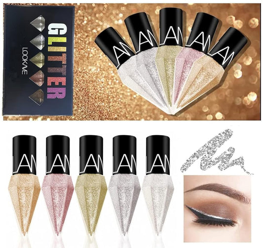 Go Ho Glitter Liquid Eyeliner Colorful Set,5 Colors Metallic Shimmer White Silver Gold Diamond Eye Liner,Glitter Eyeliner Korean Makeup,Waterproof Long Lasting Glow Eyeliner Sparkle Eyeshadow Makeup