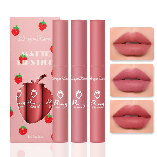 3 Colors Strawberry Velvet Matte Lip Gloss Set,Natural Nude Lipstick, Velvet Nourishing Lip Gloss, Lip Stain Long Lasting 24 Hours Waterproof Labiales Mate Women Makeup (Set C)