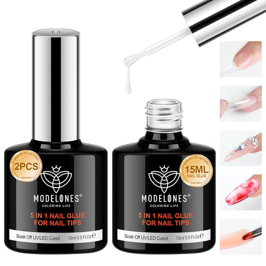 Modelones 5 in 1 Nail Glue Base Coat Nail Polish Set Brush On Gel Nail Glue 15ml for Rhinestone, False Nails, Base Gel, Blooming Nail Art Gel Nail Kit for Acrylic Nails U V Lamp Needed