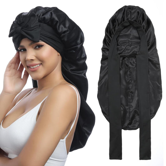 AWAYTR Long Satin Bonnet for Braids - Elastic Silk Hair Bonnets for Sleeping Night Cap Stretchy Tie Band for Women_Black_