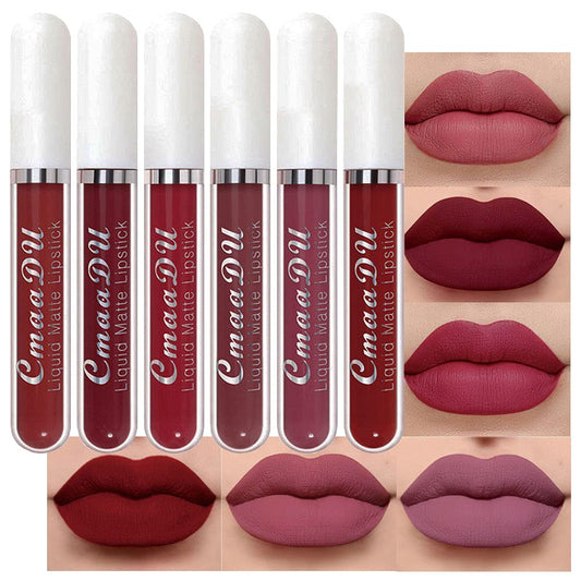 evpct CmaaDu 6Pcs Matte Liquid Lipstick Lipgloss Lip Stain Makeup Set for Women Deep Dark Red Mauve Original 24 Hour Lipstick Long Lasting labiales matte mate larga duracion 24 horas originales A-02