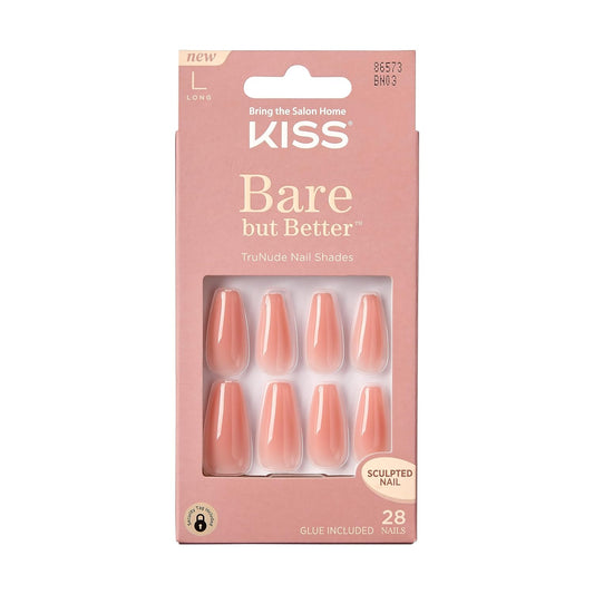 KISS Bare but Better Press On Nails, Nail glue included, Nude Glow', Orange, Long Size, Coffin Shape, Includes 28 Nails, 2g glue, 1 Manicure Stick, 1 Mini File