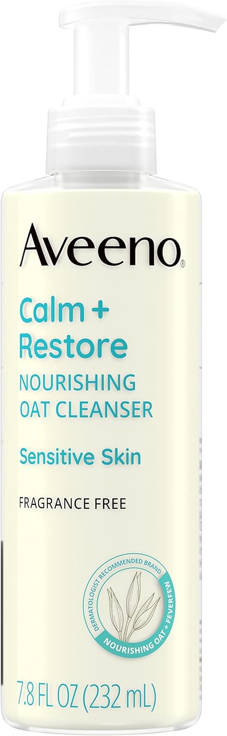 Aveeno Calm + Restore Nourishing Oat Face Cleanser for Sensitive Skin, Gentle Milky Cleanser with Nourishing Oat & Feverfew, to Preserve Skin's Moisture Barrier, Fragrance-Free, 7.8 fl. oz