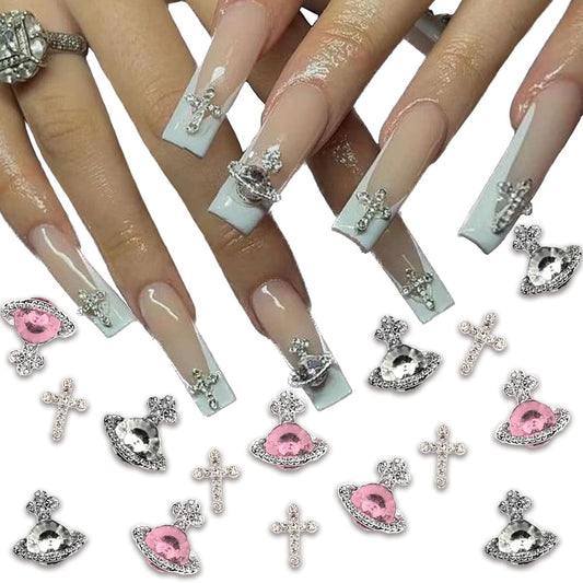 25 PCS Planet Nail Art Charms White Pink 3D Cross Nail Art Supplies with Rhinestones Saturn Shape Design Nail Gems Shiny Nail Jewelry Acrylic Accessories for Women Nail Decorations