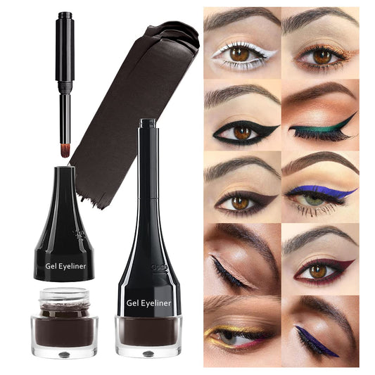 2-in-1 Gel Eyeliner Set, Tattoo Eyeliner Waterproof Smudge Proof Eyeliner Gel Eye-liner Pot Cream Eyeliner Tool with Gel Liner Brush, High Pigment Eye Makeup Gel Eye-liners for Women (Brown)