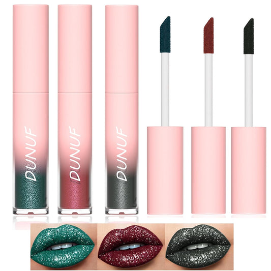 3 Colors Diamond Glitter Metallic Lip Gloss Shimmer Liquid Lipstick Set Black Green Wine Red Matte Lipstick for Women Halloween Lip Makeup (A)