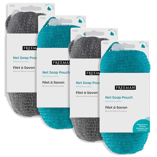 Freeman Net Soap Pouch, Exfoliating Mesh Body Scrubber, Bath & Shower Pouf Removes Dead Skin, Dirt, & Impurities, for Soap Bars, Textured Netting for Mild Exfoliation, Self-Tan Prep, 4 Count