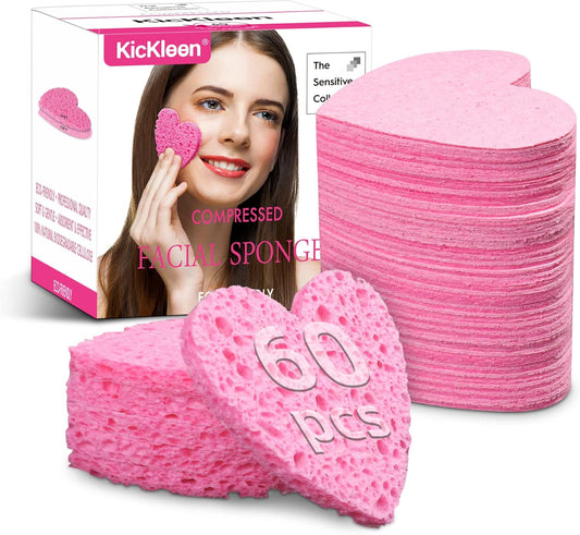 60-Count Kickleen Compressed Cellulose Heart Shape Facial Sponges | 100% Natural Cosmetic Spa Sponges for Facial Cleansing | Exfoliating | Makeup and Mask Removal | Reusable |Skin Massage (Pink)