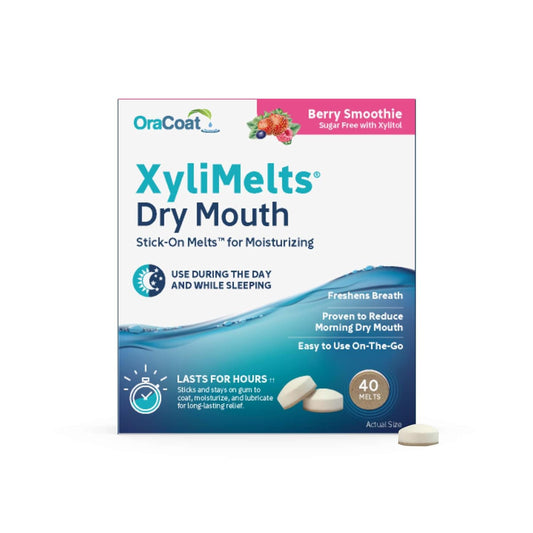 OraCoat XyliMelts Dry Mouth Relief Moisturizing Stick-On Melts Berry Smoothie with Xylitol, For Dry Mouth, Stimulates Saliva, Non-Acidic, Day and Night Use, Time Release, 40 Count