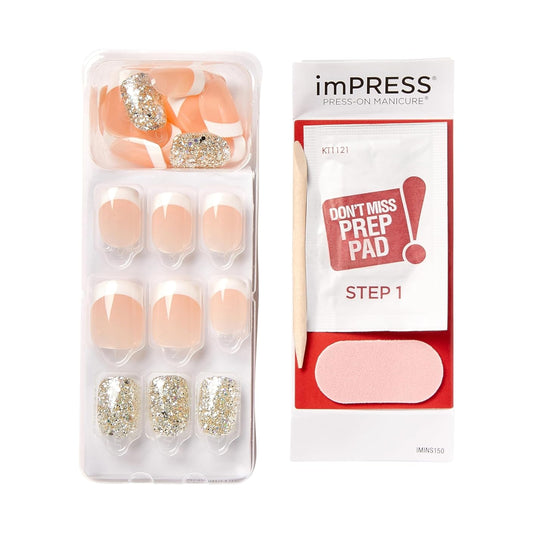 KISS imPRESS Press-On Manicure, Nail Kit, PureFit Technology, Short Press-On Nails, Time Slip', Includes Prep Pad, Mini Nail File, Cuticle Stick, and 30 Fake Nails