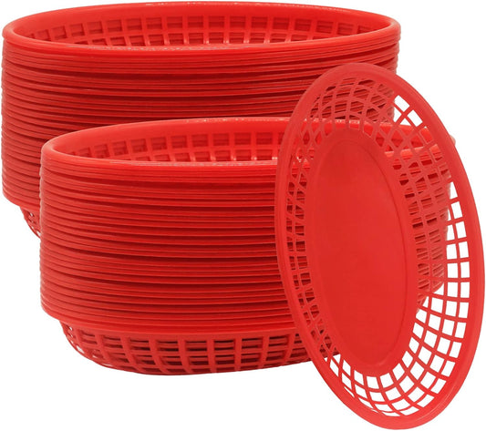 50 Pack Red Fast Food Basket, 8.9 x 5.6 x 1.5 inch Oval Bread Fry Baskets Plastic Food Serving Tray for Fast Food Restaurant Supplies, Deli Serving, Chicken, Burgers, Sandwiches, Fries