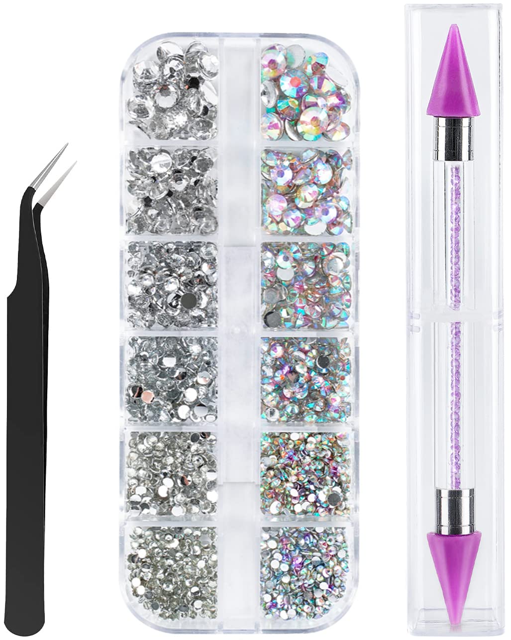 Canvalite 1500PCS Rhinestones Crystal AB Rhinestones for Nail with Pick Up Tweezers and Nail Rhinestone Picker, Nail Art Tools