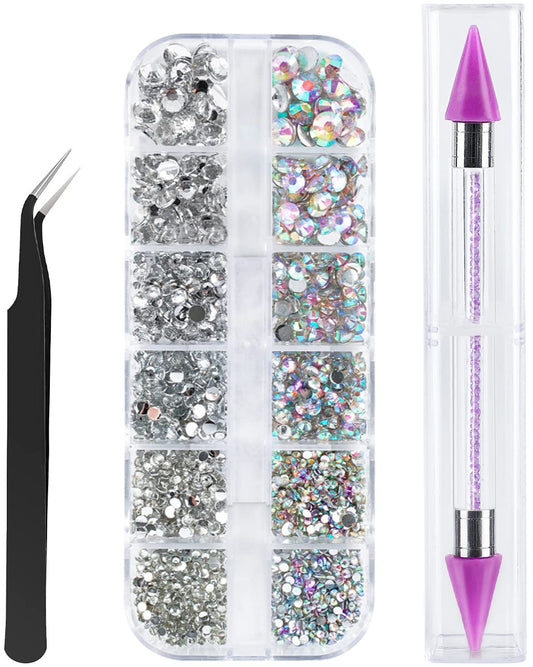 Canvalite 1500PCS Rhinestones Crystal AB Rhinestones for Nail with Pick Up Tweezers and Nail Rhinestone Picker, Nail Art Tools
