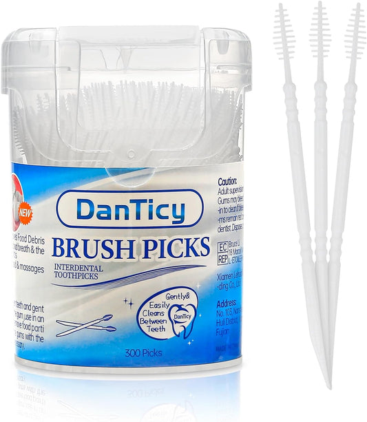 DanTicy Brushpicks Interdental Toothpicks,Soft Bristle Dental Floss Picks Toothpicks,Helps Removes Plaque and Debris Between Your Teeth 300PCS (Pack of 1)