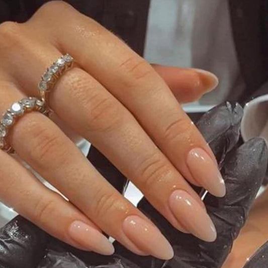 YOSOMK Nude Press on Nails Almond Shaped Fake Nails Medium Glossy Stick on Nails Natural Full Cover False Nails Acrylic Glue on Nails for Women
