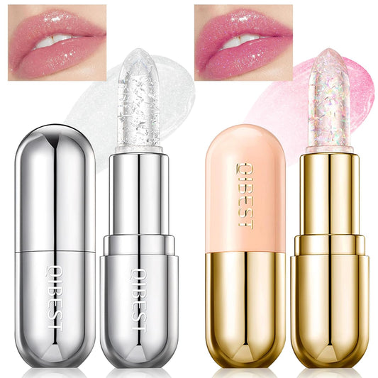 2Pcs Color Changing Lipstick, Glitter Crystal Jelly PH Temperature Color Change Clear Pink Shimmer Lipstick, Long Lasting Moisturizer Lip Balm Korean Magic Lip Gloss Makeup (1+4)