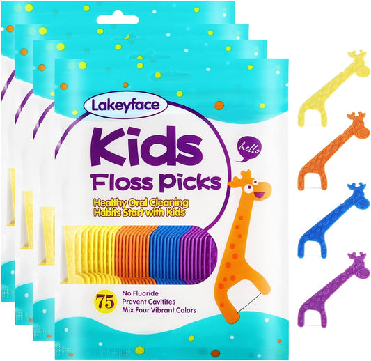 300 Count Kids Flossers, Cute Giraffe Kids Floss Picks, No Fluoride BPA Free Dental Floss Picks, Unflavored Flossers for Kids, 4 Colors to Pick, 75 Count (Pack of 4)