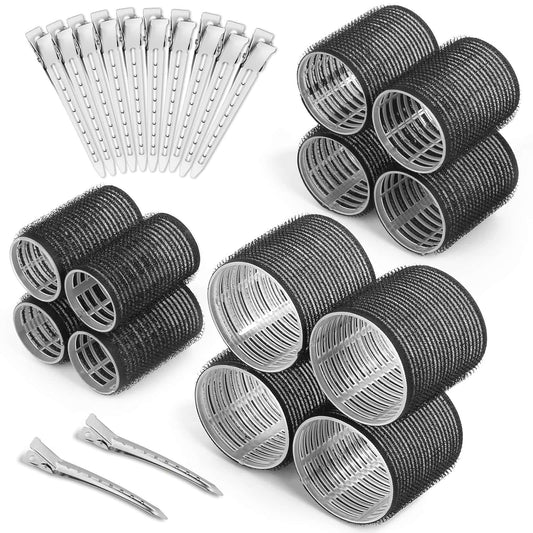 Self Grip Hair Rollers Curlers 24 Pcs Set with 12Pcs Hair Rollers 3 Sizes (4 Jumbo, 4 Large & 4 Medium) and 12 Pcs Hair Clips for Long Medium Short Thick Fine Thin Hair Volume