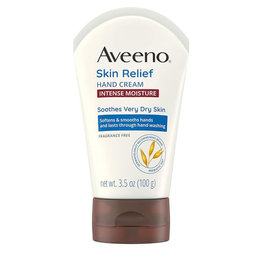 Aveeno Skin Relief Intense Moisture Hand Cream with Soothing Prebiotic Oat for Dry Skin, Sensitive Skin Cream Softens & Smooths Hands & Lasts Through Hand Washing, Fragrance-Free, 3.5 oz