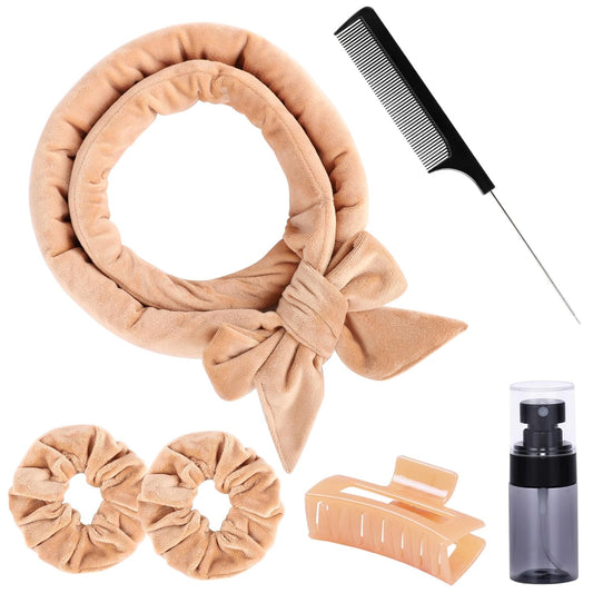 Heatless Curlers to Sleep in Heatless Curling Rod Headband For Long Hair Overnight No Heat Curls For Women velvet Hair Rollers, Bottle, Hair Clips, Scrunchie, Rat-tail Comb, 6 Pieces Set (khaki)