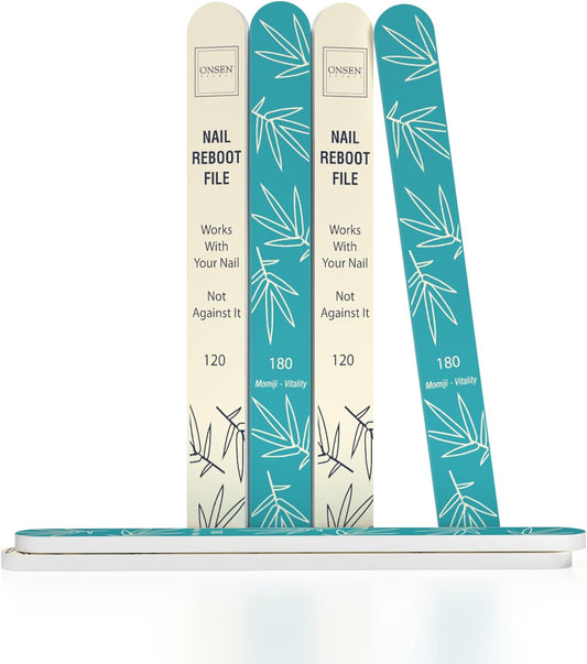Onsen Secret Japanese Nail File - Professional 6-Pack Nail Files, Double Sided Natural & Acrylic Nail Filers - 120/180 Grit - Disposable, Salon Smooth, Travel Best Nail File for Shiny Nails