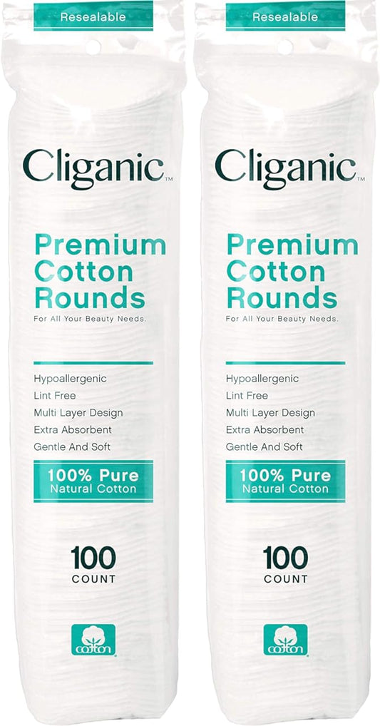 Cliganic Premium Cotton Rounds for Face (200 Count) | Makeup Remover Pads, Hypoallergenic, Lint-Free | 100% Pure Cotton