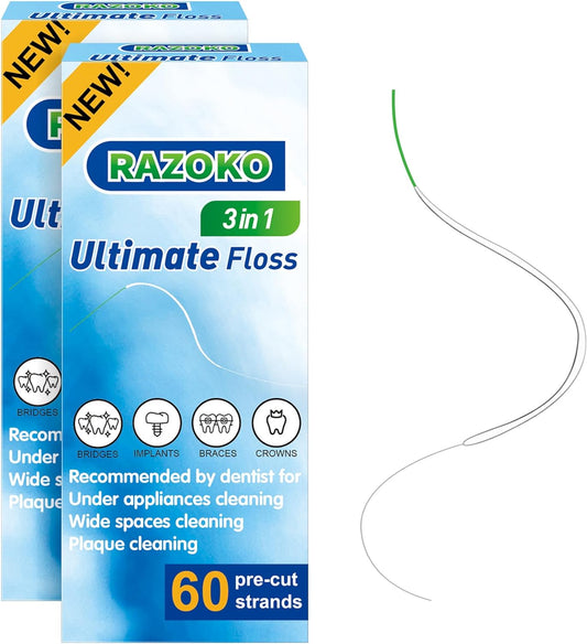 RAZOKO Dental Floss for Braces, Ultimate Floss Pre-Cut Strands,60 Count, Pack of 2