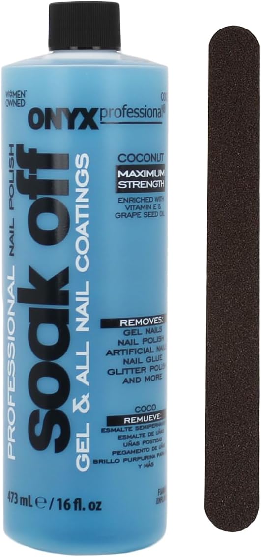 Onyx Professional Coconut Scented Nail Polish Remover with Nail File, 16 oz, Maximum Strength Soak Off Gel Polish Remover, Vitamin E & Grape Seed Oil Enriched Nourishing Formula